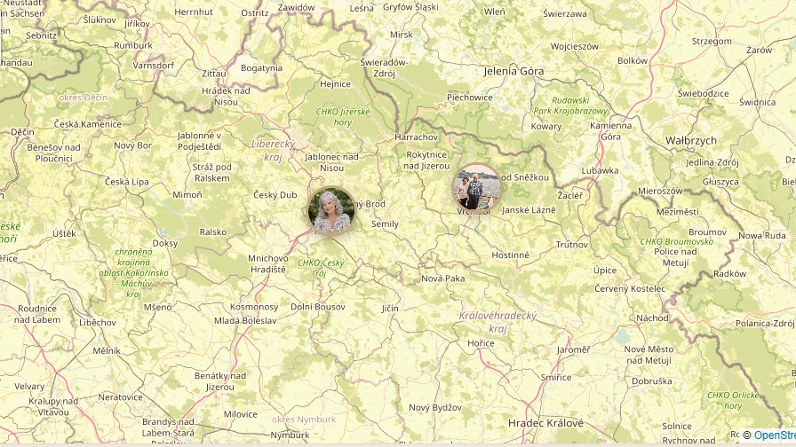 Mapa vzpomínek na chybismi.eu se značkami a fotografiemi u hřbitovů