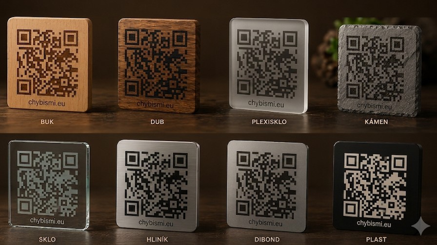 Osm QR destiček Chybíš mi z buku, dubu, plexi, kamene, skla, hliníku, dibondu a plastu