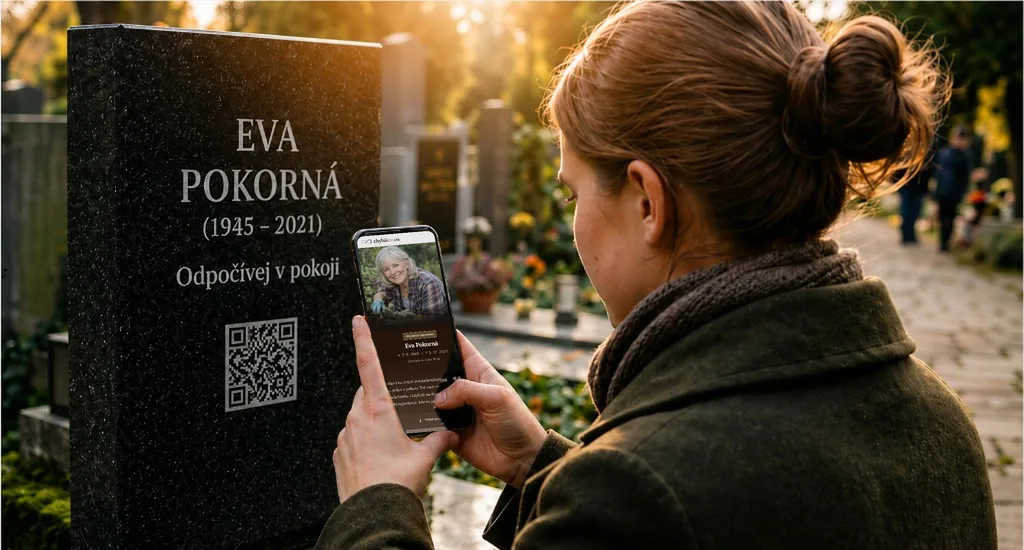 Žena u náhrobku Evy Pokorné drží telefon s otevřenou digitální vzpomínkou